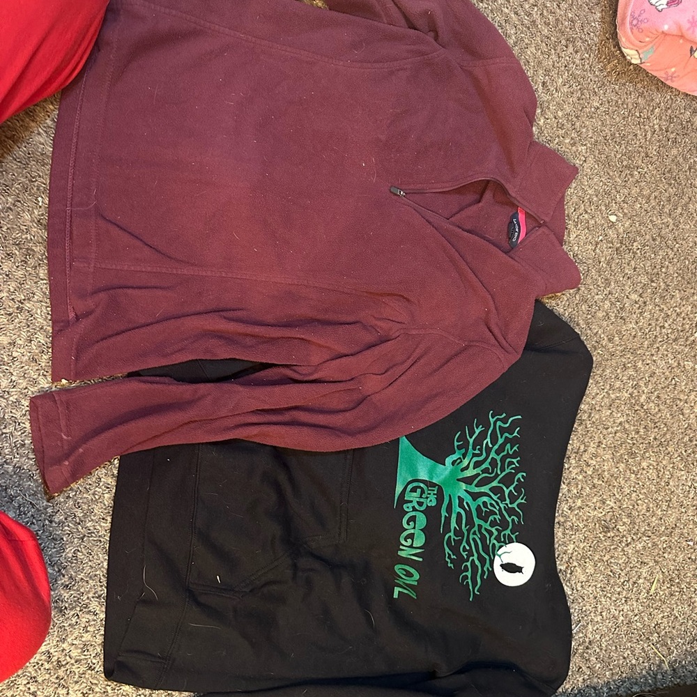 Maroon Quarter-Zip Pullover and Black Graphic Hoodie